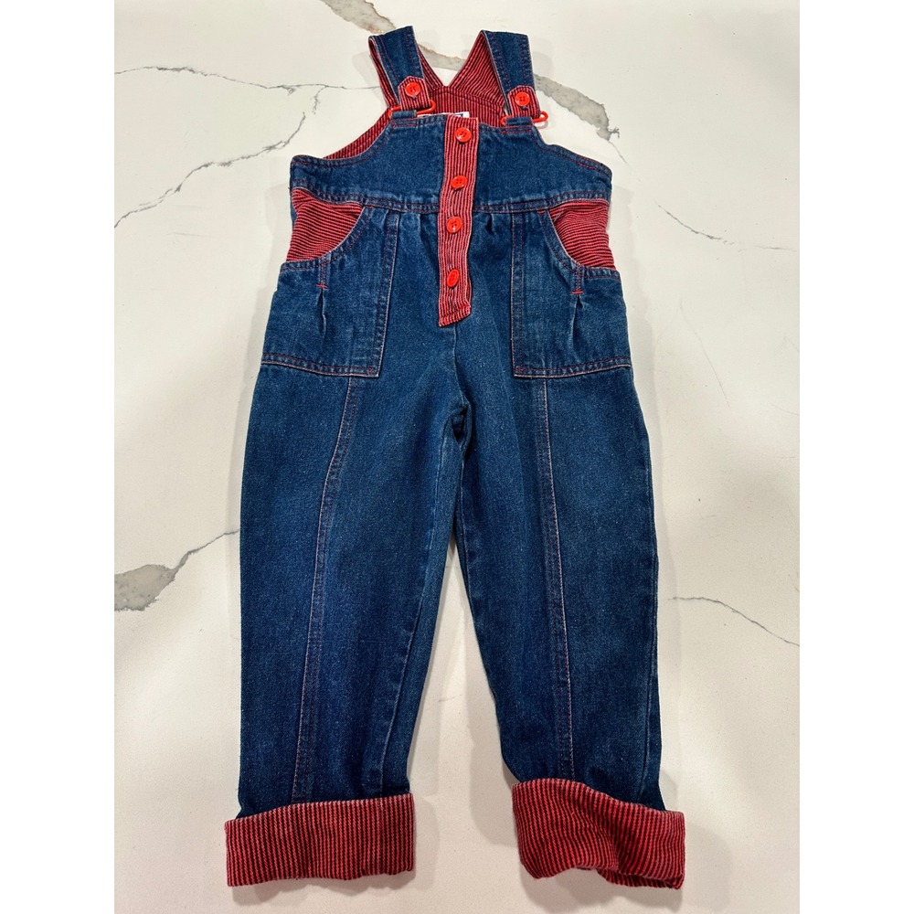 Vtg Bonjour Kids Denim Overalls Red Stripe Accents Size 4T‎ Button Front